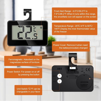 Set of 3 digital refrigerator thermometers - Magnetic aquarium thermometer with hook - Mini refrigerator thermometer - Freezer thermometer - for home, restaurant, bar - Black.