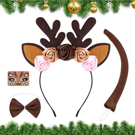 Headband - Elk Ears - Great for a Masquerade - Christmas Reindeer Headband and Tail - Perfect for Winter, Holidays, Halloween, Parties and Cosplay Costumes.