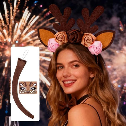 Headband - Elk Ears - Great for a Masquerade - Christmas Reindeer Headband and Tail - Perfect for Winter, Holidays, Halloween, Parties and Cosplay Costumes.