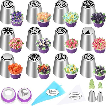 set of 27 cake decorating tips - 12 flower-shaped tips - cake decorating tip set - baking supplies for cookies and cupcakes - 2 leaf-shaped tips - 2 adapters - 10 piping bags.