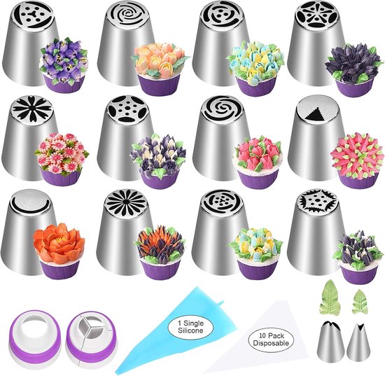 set of 27 cake decorating tips - 12 flower-shaped tips - cake decorating tip set - baking supplies for cookies and cupcakes - 2 leaf-shaped tips - 2 adapters - 10 piping bags.