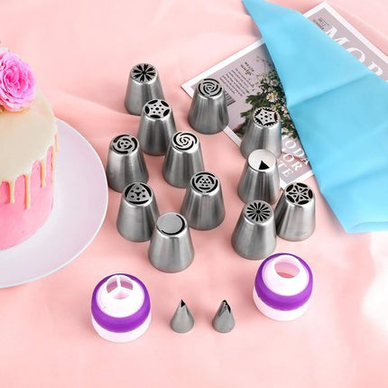 set of 27 cake decorating tips - 12 flower-shaped tips - cake decorating tip set - baking supplies for cookies and cupcakes - 2 leaf-shaped tips - 2 adapters - 10 piping bags.