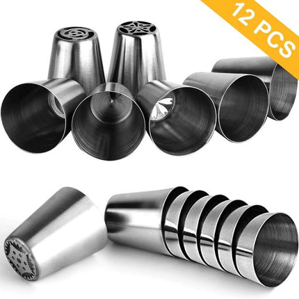 set of 27 cake decorating tips - 12 flower-shaped tips - cake decorating tip set - baking supplies for cookies and cupcakes - 2 leaf-shaped tips - 2 adapters - 10 piping bags.
