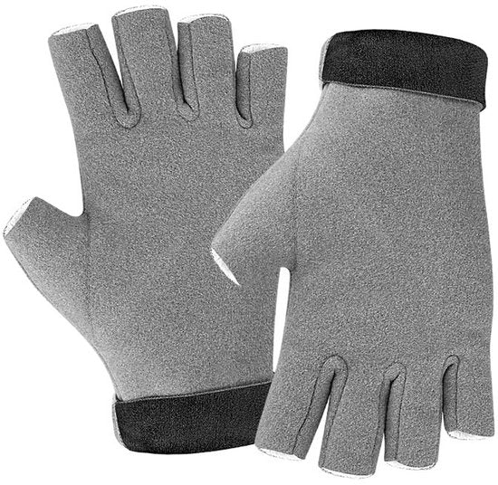 pair of fingerless insulated gloves - One size fits all - Warm and protective for hands - Warm and comfortable - Outdoor winter accessory - Suitable for eating, typing, writing and turning pages - Gray.