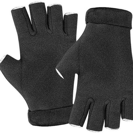 A pair of fingerless insulated gloves - One size fits all - Warm and protective - Cozy and comfortable - Winter outdoor wear - Suitable for eating, typing, writing and turning pages - Black.