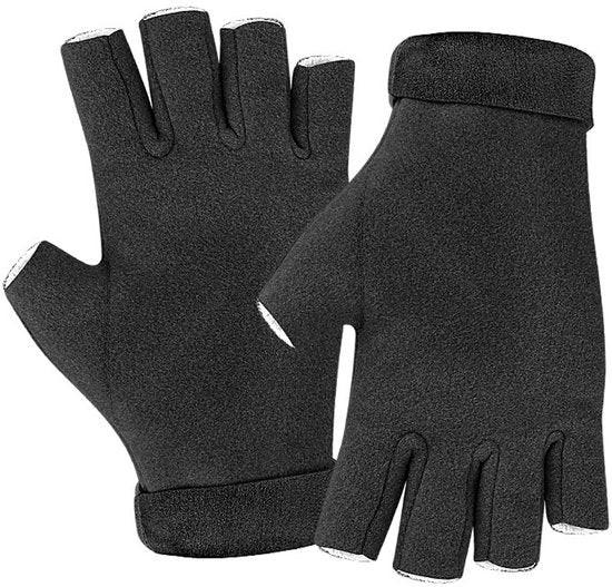 A pair of fingerless insulated gloves - One size fits all - Warm and protective - Cozy and comfortable - Winter outdoor wear - Suitable for eating, typing, writing and turning pages - Black.