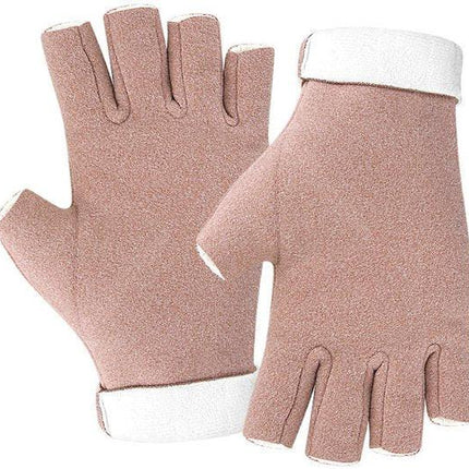 A pair of fingerless insulated gloves - One size fits all - Warm and protective - Cozy and comfortable - Winter outdoor wear - Suitable for eating, typing, writing and turning pages - Pink.