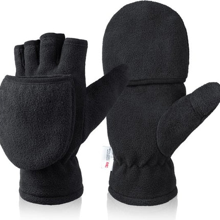 Unisex warm fleece gloves with fold-over top - Half-finger gloves - Warm gloves - Half-finger design - Suitable for writing, cycling, photo sessions with your partner - Winter gloves - Winter gift - Warm - Black XS.