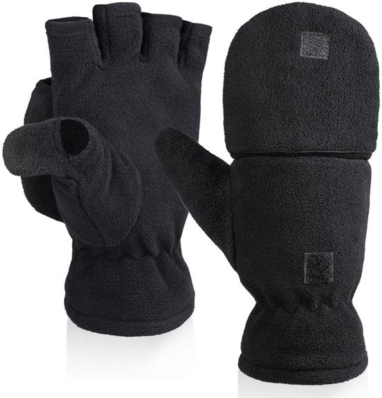 Unisex warm fleece gloves with fold-over top - Half-finger gloves - Warm gloves - Half-finger design - Suitable for writing, cycling, photo sessions with your partner - Winter gloves - Winter gift - Warm - Black - Size S.