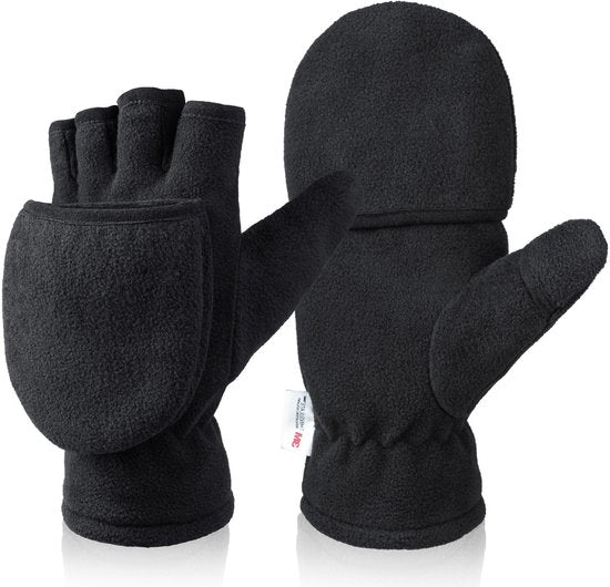 Unisex warm fleece gloves with fold-over top - Half-finger gloves - Warm gloves - Half-finger design - Suitable for writing, cycling, photo sessions with your partner - Winter gloves - Winter gift - Warm - Black - Size S.