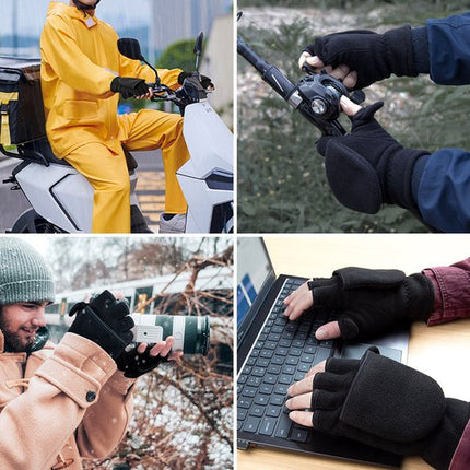 Unisex warm fleece gloves with fold-over top - Half-finger gloves - Warm gloves - Half-finger design - Suitable for writing, cycling, photo sessions with your partner - Winter gloves - Winter gift - Warm - Black L.