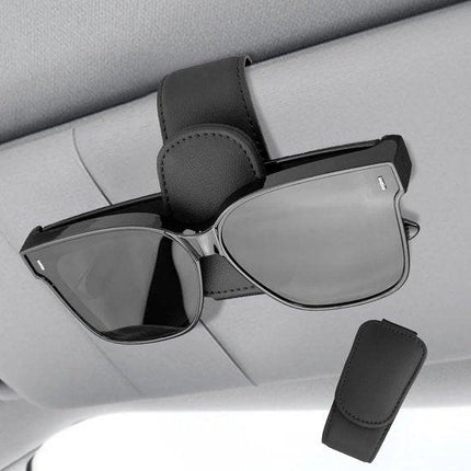 Car sun visor glasses holder - magnetic leather sunglasses holder - car sun visor accessories - bill holder (black).
