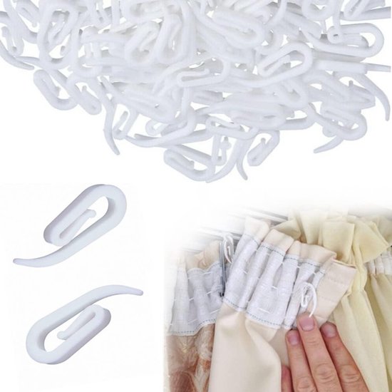 100 curtain hooks - G-shaped reinforced curtain hooks - White - For shower windows - Curtain accessories.