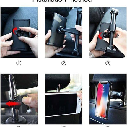Smartphone holder - Multifunctional car phone holder with clip - Adjustable phone holder - Telescopic phone holder - Car phone holder for headrest, Car tablet holder for back seat - Black.