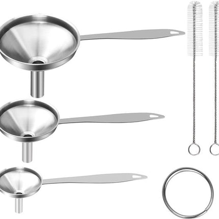 Stainless Steel Funnel Set - Set of 3 - Kitchen Funnels - Various Sizes - Funnels with Long Handles - With 2 Cleaning Brushes - Diameter: 7.5cm/5.5cm/4.5cm - Suitable for kitchen bottles, thermoses, small spice powders and k.
