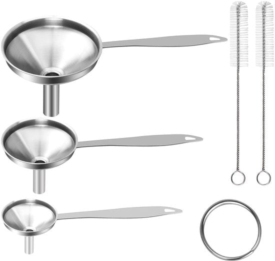 Stainless Steel Funnel Set - Set of 3 - Kitchen Funnels - Various Sizes - Funnels with Long Handles - With 2 Cleaning Brushes - Diameter: 7.5cm/5.5cm/4.5cm - Suitable for kitchen bottles, thermoses, small spice powders and k.