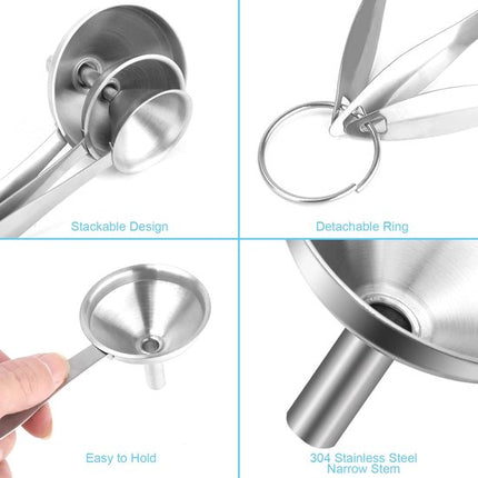 Stainless Steel Funnel Set - Set of 3 - Kitchen Funnels - Various Sizes - Funnels with Long Handles - With 2 Cleaning Brushes - Diameter: 7.5cm/5.5cm/4.5cm - Suitable for kitchen bottles, thermoses, small spice powders and k.