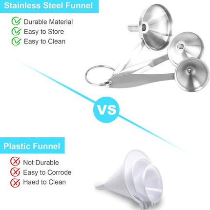 Stainless Steel Funnel Set - Set of 3 - Kitchen Funnels - Various Sizes - Funnels with Long Handles - With 2 Cleaning Brushes - Diameter: 7.5cm/5.5cm/4.5cm - Suitable for kitchen bottles, thermoses, small spice powders and k.