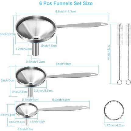 Stainless Steel Funnel Set - Set of 3 - Kitchen Funnels - Various Sizes - Funnels with Long Handles - With 2 Cleaning Brushes - Diameter: 7.5cm/5.5cm/4.5cm - Suitable for kitchen bottles, thermoses, small spice powders and k.