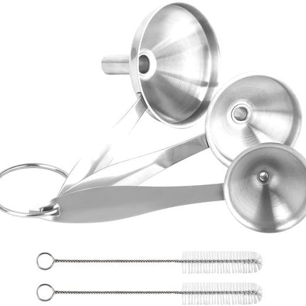 Stainless Steel Funnel Set - Set of 3 - Kitchen Funnels - Various Sizes - Funnels with Long Handles - With 2 Cleaning Brushes - Diameter: 7.5cm/5.5cm/4.5cm - Suitable for kitchen bottles, thermoses, small spice powders and k.