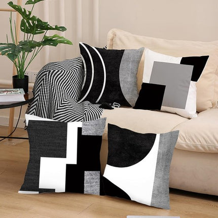 Pillowcase - 4-pack - Pillowcases with abstract geometric pattern - 45x45 cm - Pillowcases with zipper - Black and white pillowcases (pillow insert not included).