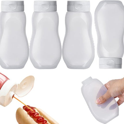 Squeeze Bottles - Pack of 4 - Sauce Bottles - Plastic Bottles with Lid (330g) - BPA Free - Suitable for salad dressings, ketchup, cooking oils - Clear Bottles for Condiments - Leak-Proof Bottles - Food Grade Condiment Bottles.