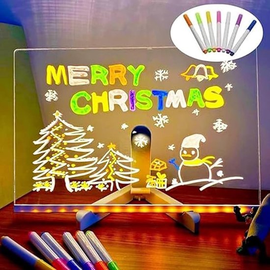 Drawing board - Colored LED whiteboard - Illuminated acrylic whiteboard - Illuminated memo board stand - Glass panel with LED lights and 7 pens - For school and home use respectively - 30x20cm.