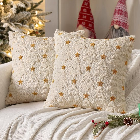 Christmas Pillowcases - 2-pack - White - Winter - White Christmas tree and star pattern - Sofa decoration - 45x45 cm (pillowcase not included).