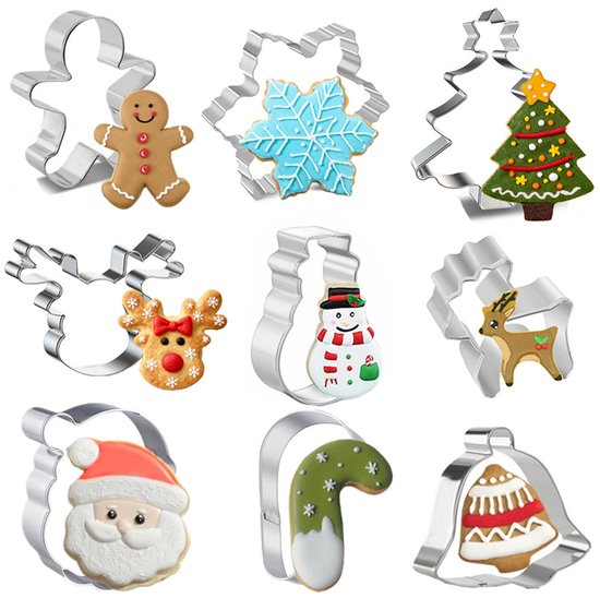 Cookie Cutters - 9 Pieces - Christmas Cookie Cutters - Baking Molds - Christmas Tree/Snowman/Bell/Reindeer Cookie Cutters - Stainless Steel Baking Molds.
