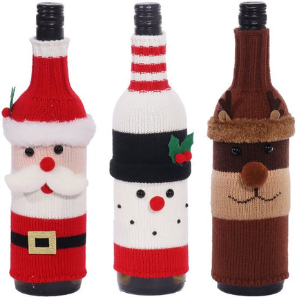Wine Bottle Decorations - 3 Pieces - Wine Bottle Sleeves - Wine Bottle Bags - Christmas Decorations - Cartoon Knitted Old Man and Snowman Wine Bottle Sleeves - Festive Restaurant Decorations.