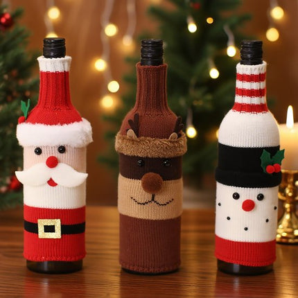 Wine Bottle Decorations - 3 Pieces - Wine Bottle Sleeves - Wine Bottle Bags - Christmas Decorations - Cartoon Knitted Old Man and Snowman Wine Bottle Sleeves - Festive Restaurant Decorations.
