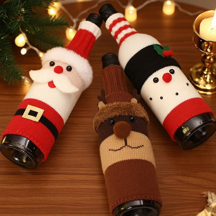Wine Bottle Decorations - 3 Pieces - Wine Bottle Sleeves - Wine Bottle Bags - Christmas Decorations - Cartoon Knitted Old Man and Snowman Wine Bottle Sleeves - Festive Restaurant Decorations.