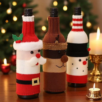 Wine Bottle Decorations - 3 Pieces - Wine Bottle Sleeves - Wine Bottle Bags - Christmas Decorations - Cartoon Knitted Old Man and Snowman Wine Bottle Sleeves - Festive Restaurant Decorations.