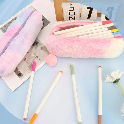 Pencil Cases - 3-Piece - Storage Bags - Fluffy Fleece Pencil Cases - Rainbow Gradient Design - Suitable for girls aged 3 to 12 - Ideal gift for birthdays, graduations and Christmas.