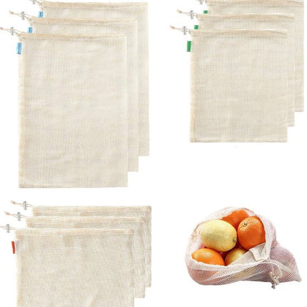 Mesh Bags - Pack of 9 - Reusable Mesh Bags for Fruits and Vegetables - Cotton Mesh Bags for Groceries - Portable Vegetable Bags in 3 Sizes - Storage Bags for Fruits and Vegetables.