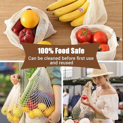 Mesh Bags - Pack of 9 - Reusable Mesh Bags for Fruits and Vegetables - Cotton Mesh Bags for Groceries - Portable Vegetable Bags in 3 Sizes - Storage Bags for Fruits and Vegetables.