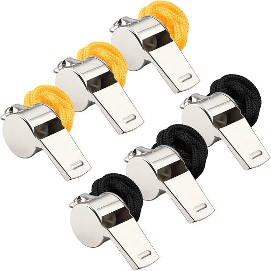 Whistles - Set of 6 - Emergency whistles - Stainless steel whistles - Metal whistles with lanyard - Coach whistles with lanyard - Sports whistles - Loud and clear whistles for referees - Emergencies in training halls.