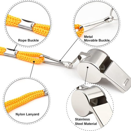 Whistles - Set of 6 - Emergency whistles - Stainless steel whistles - Metal whistles with lanyard - Coach whistles with lanyard - Sports whistles - Loud and clear whistles for referees - Emergencies in training halls.