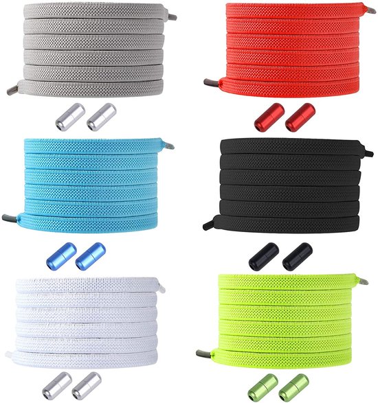 6 pairs - Adjustable - Suitable for adults and children - Elastic laces without a bow (black, white, gray, blue, red, green).