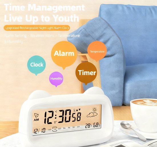 Alarm Clock - Digital Alarm Clock - Digital Clock - Smart Alarm Clock - Electronic Calendar - Cat-shaped Alarm Clock with Light - Real-time Temperature and Humidity Monitoring - Weather Display - Large Night Light Screen - USB Charging（Blue）.