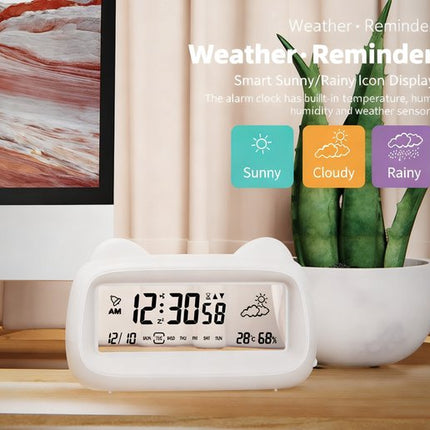 Alarm Clock - Digital Alarm Clock - Digital Clock - Smart Alarm Clock - Electronic Calendar - Cat-shaped Alarm Clock with Light - Real-time Temperature and Humidity Monitoring - Weather Display - Large Night Light Display Screen - USB Charging（Vegetable）.