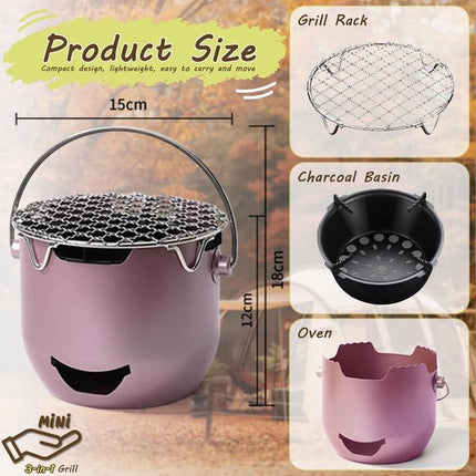 Grill - Portable Charcoal Grill - Mini Stainless Steel Charcoal Grill - Small Outdoor Grill - Suitable for Camping, Backyard BBQs, RVs and Picnics (Purple).