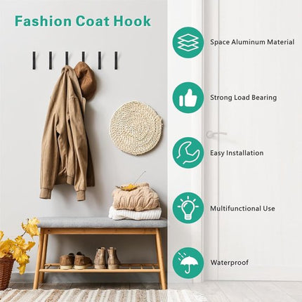Hooks - 6 pieces - Black clothes hooks - Suitable for screwing with a hidden hole - Modern wall coat rack - For jackets, coats, hats, scarves, towels, handbags, etc..