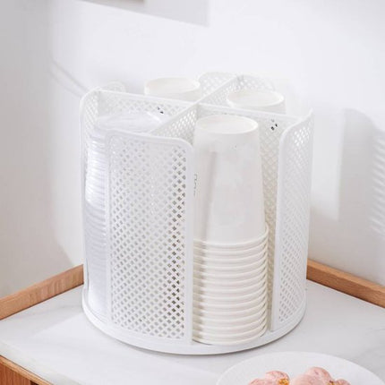 Rotating cup holder for paper cups - holder with four compartments - with 360° rotating base - suitable for kitchens, bathrooms and coffee bars - white.