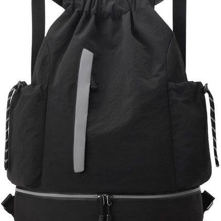 Drawstring Backpack - Waterproof Sports Bag - Lightweight Sports Backpack - With Shoe Compartment - Unisex - Suitable for Basketball, Football, Swimming and Travel - Black.