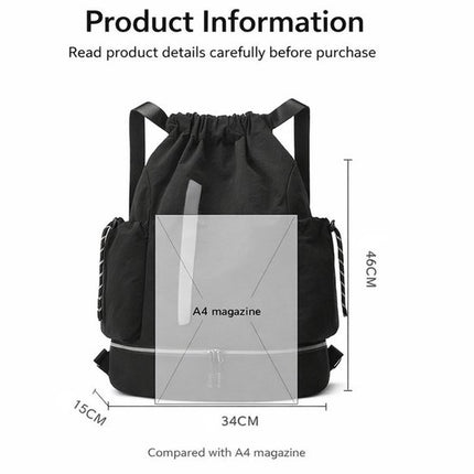 Drawstring Backpack - Waterproof Sports Bag - Lightweight Sports Backpack - With Shoe Compartment - Unisex - Suitable for Basketball, Football, Swimming and Travel - Black.