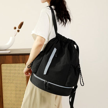 Drawstring Backpack - Waterproof Sports Bag - Lightweight Sports Backpack - With Shoe Compartment - Unisex - Suitable for Basketball, Football, Swimming and Travel - Black.