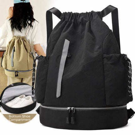Drawstring Backpack - Waterproof Sports Bag - Lightweight Sports Backpack - With Shoe Compartment - Unisex - Suitable for Basketball, Football, Swimming and Travel - Black.