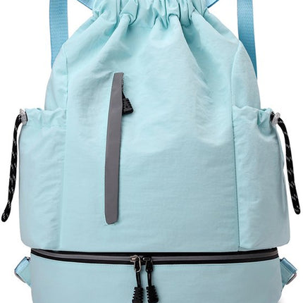 Drawstring Backpack - Waterproof Sports Bag - Lightweight Sports Backpack - With Shoe Compartment - Unisex - Suitable for Basketball, Football, Swimming and Travel - Blue.