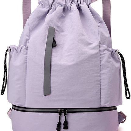 Drawstring Backpack - Waterproof Sports Bag - Lightweight Sports Backpack - With Shoe Compartment - Unisex - Suitable for Basketball, Football, Swimming and Travel - Purple.